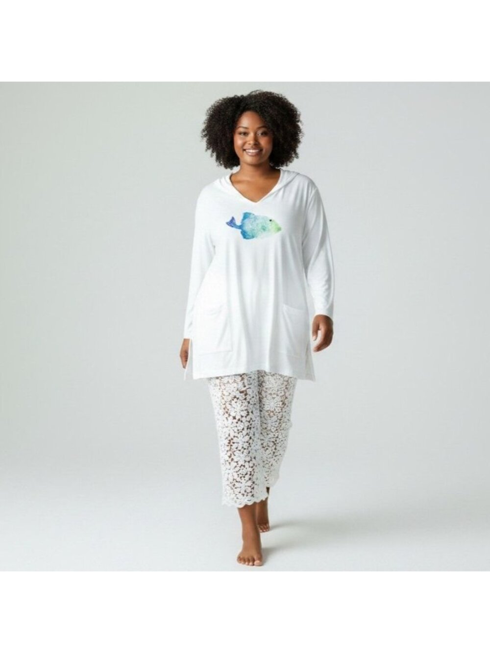 ICantoo Womens White Hooded Cotton Pullover Top W Fish Graphic 2XL Long Sleeve